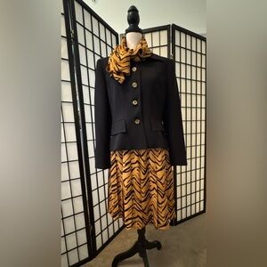Vintage Kelly Graham Black Jacket with Tiger Print silk skirt and neck scarf